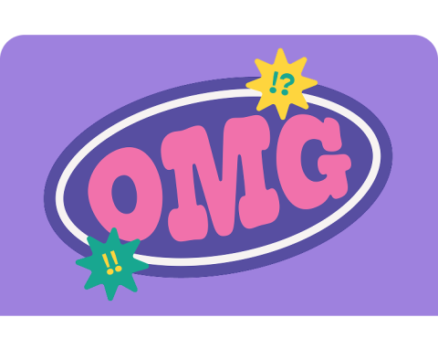 pink OMG in a purple oval on a light purple background