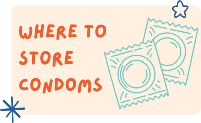 Where to store condoms with two outlined teal condoms to the right