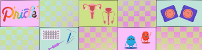 Colorful background, images of anatomy, birth control, STIs, and condoms